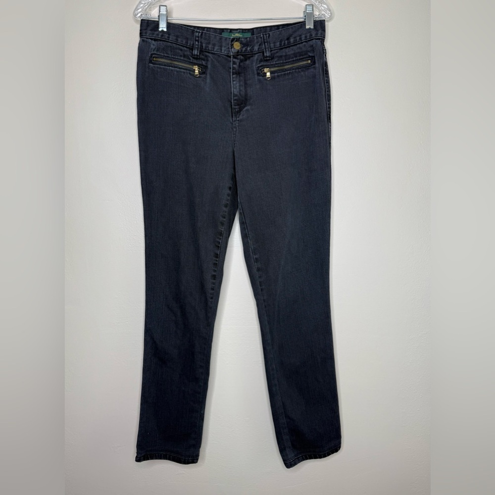 LRL Lauren Ralph Lauren Black Straight Jeans Zipper Front Pockets Stretch Sz 6